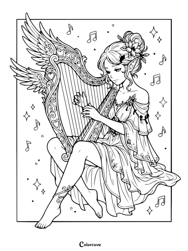 A cute elf with pointed ears and an intricate floral hairstyle playing a large, ornate winged harp, surrounded by musical notes and sparkling stars in this detailed coloring page.