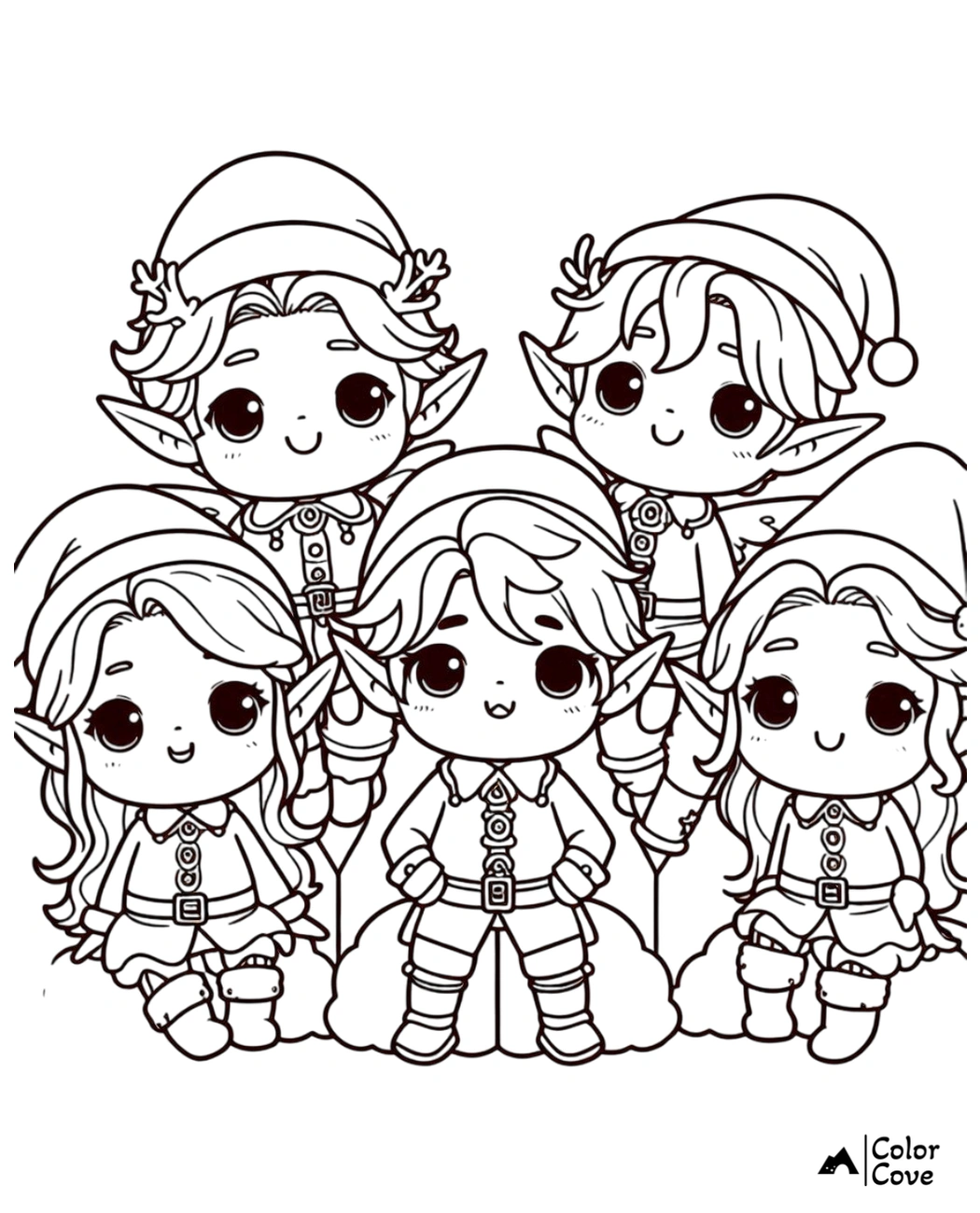 Cute Christmas elves coloring page with five adorable elves in festive outfits. Perfect for holiday and winter coloring activities.