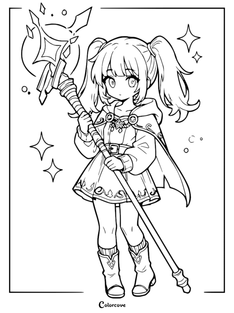Cute elf mage with twin tails holding a magical staff in a detailed line art coloring page.