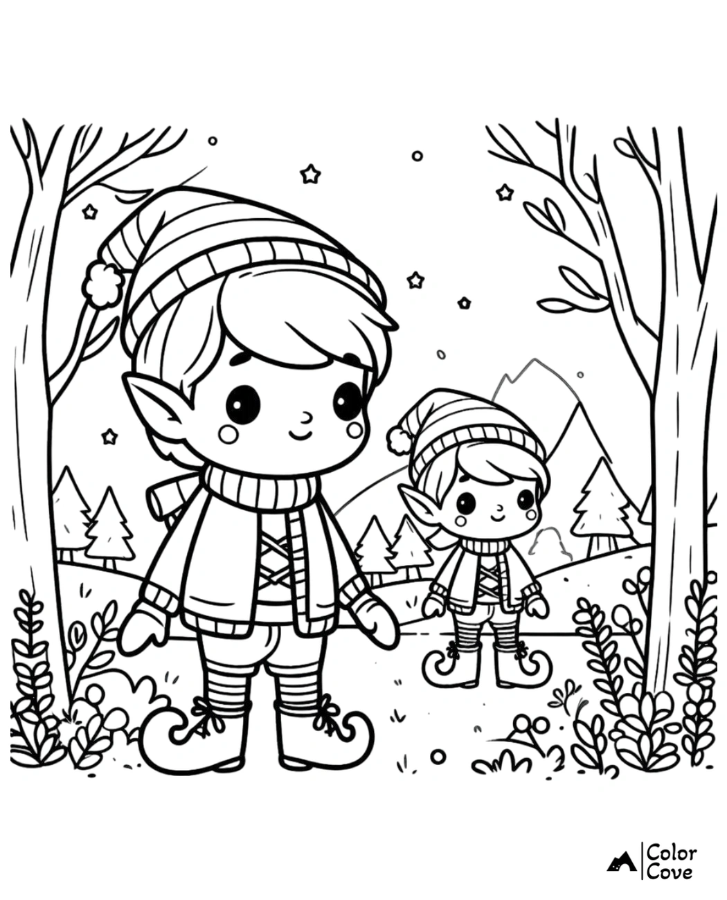 Cute elves in winter gear, exploring a forest with trees, stars, and mountains. Fun coloring page for kids. #ColoringKids