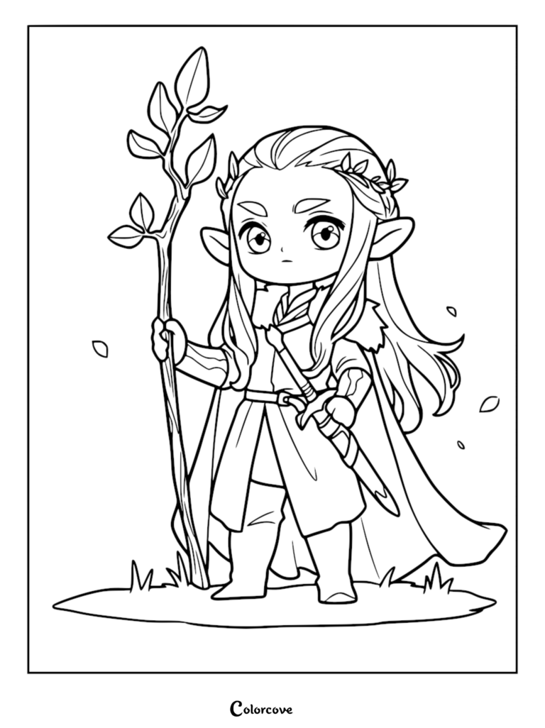 Chibi elf warrior holding a wooden staff and wearing a sword, coloring page style line art.