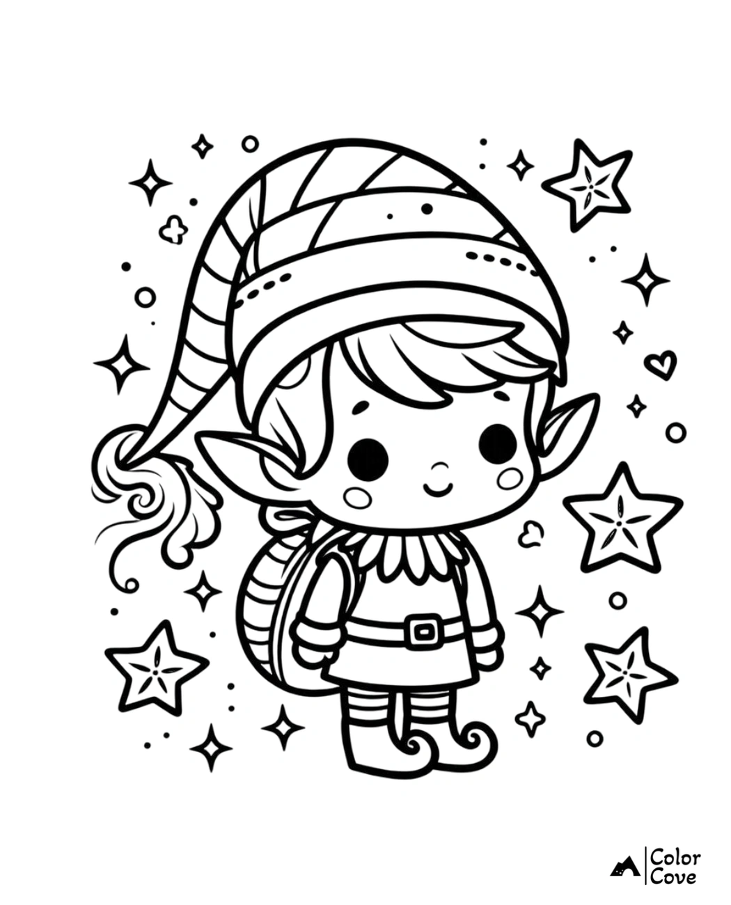 Cute Christmas elf coloring page with stars and festive hat, perfect for holiday activities and kids' crafts.