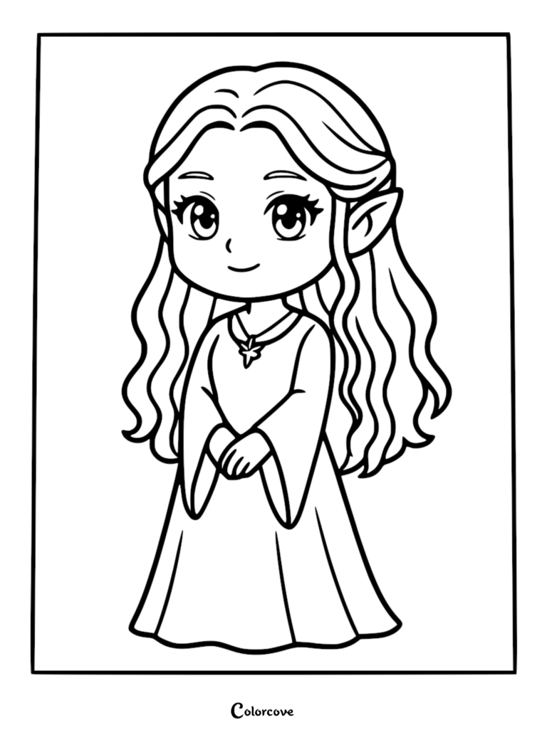 A cute chibi elf princess with long wavy hair and a star pendant necklace in this printable coloring page.