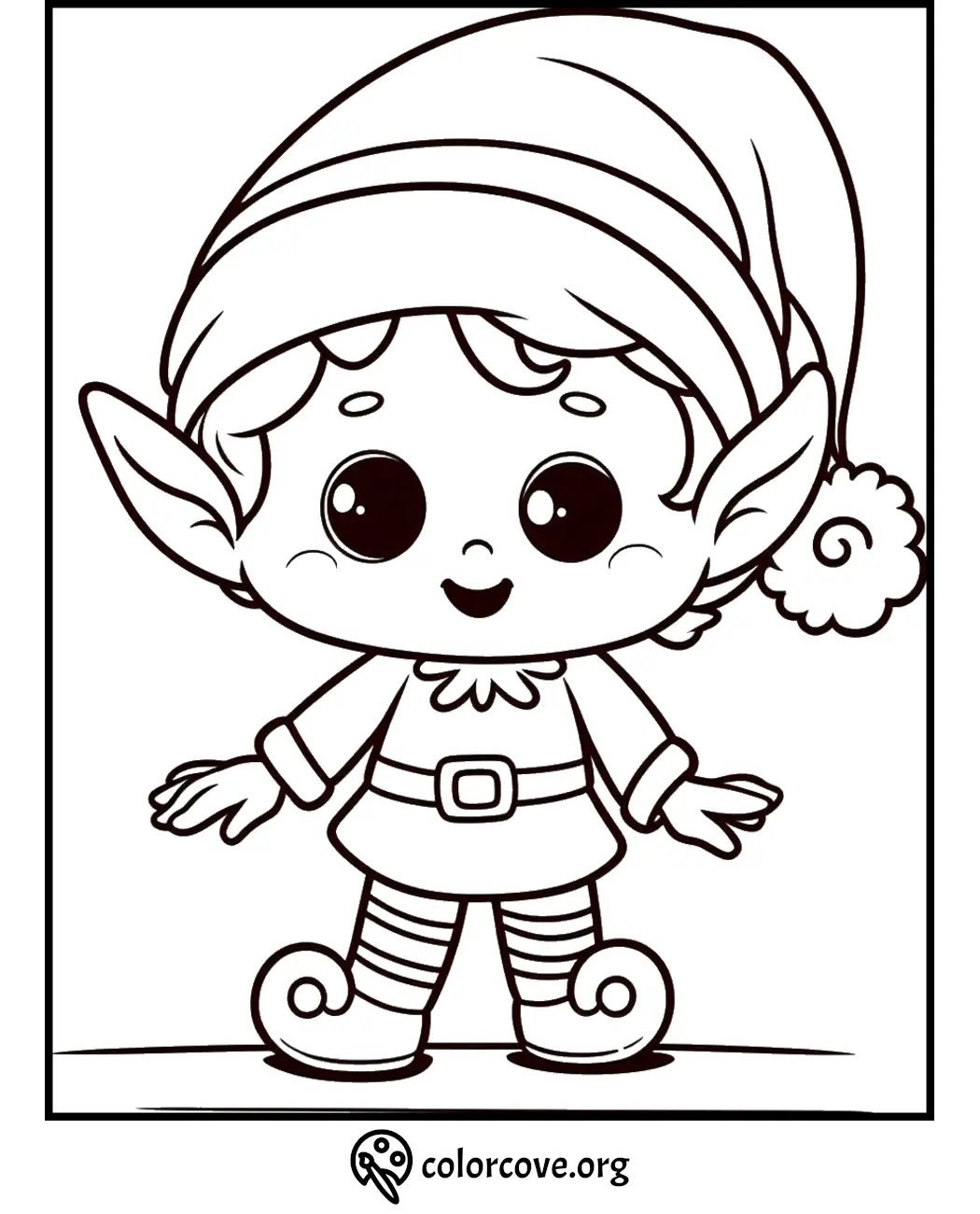 Cute elf coloring page for kids - Christmas holiday activity - free printable from colorcove.org.