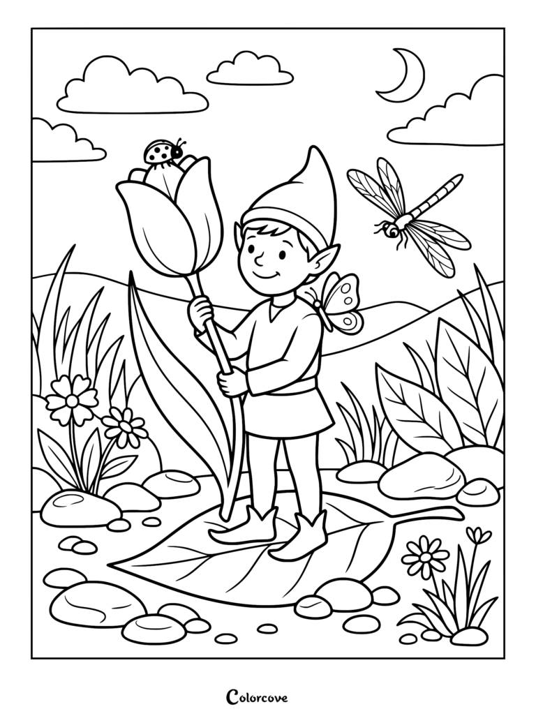 A cute elf standing on a large leaf holding a tulip with a ladybug on top, featuring a dragonfly flying nearby in a garden setting, presented as a printable coloring page.
