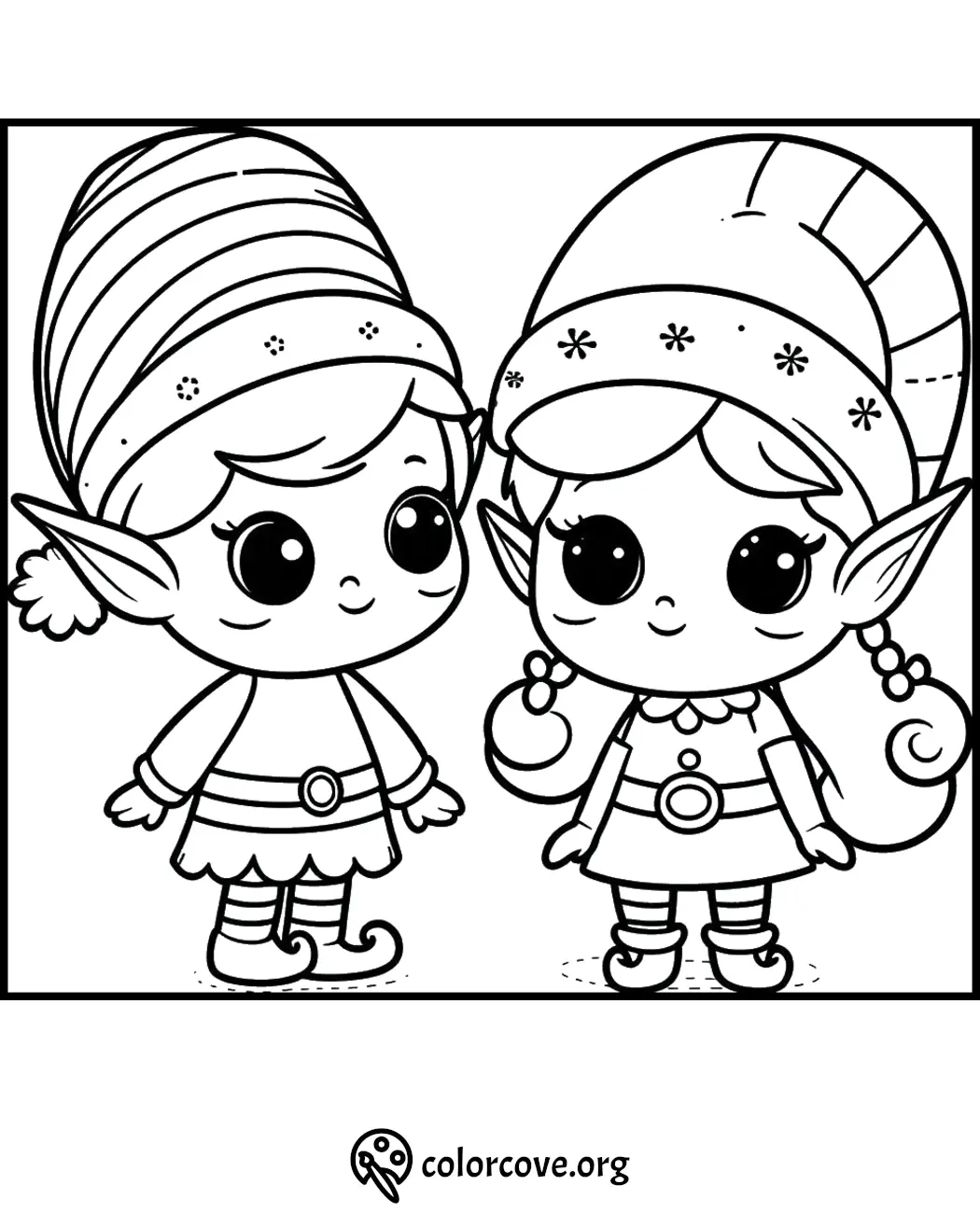 Cute Christmas elves coloring page for kids. Perfect holiday activity with adorable elf characters and festive outfits.