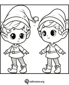 Cute Christmas elves coloring page for kids. Download and print this festive holiday activity from colorcove.org.