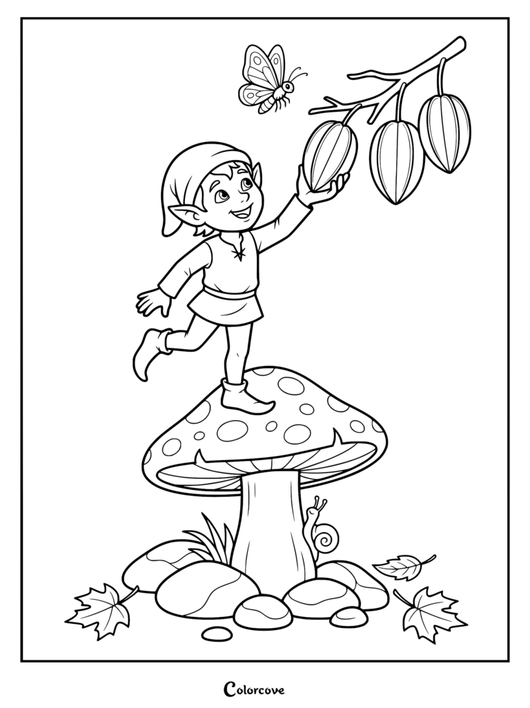 A cute elf standing on a spotted mushroom reaching for fruit on a branch while a butterfly flies nearby, coloring page style line art.