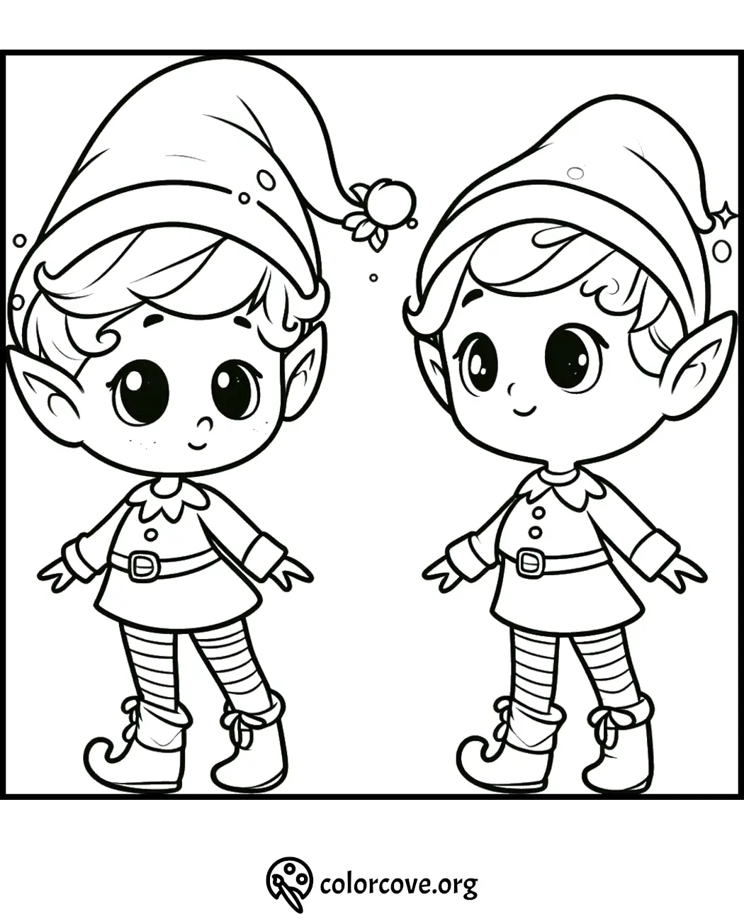 Cute Christmas elves coloring page for kids. Download and print this festive holiday activity from colorcove.org.