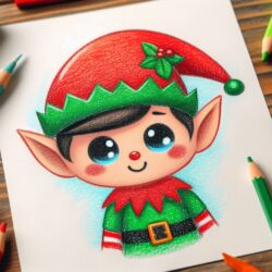 Coloring page of a cute Christmas elf with pencils and crayons on a wooden table, perfect for holiday crafts or kids' activities.