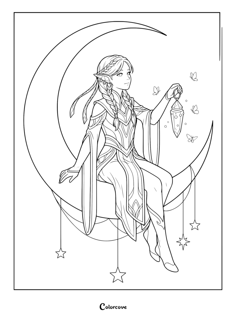 Cute elf with braided hair sitting on a crescent moon holding a crystal lantern, coloring page style line art with hanging stars and butterflies.