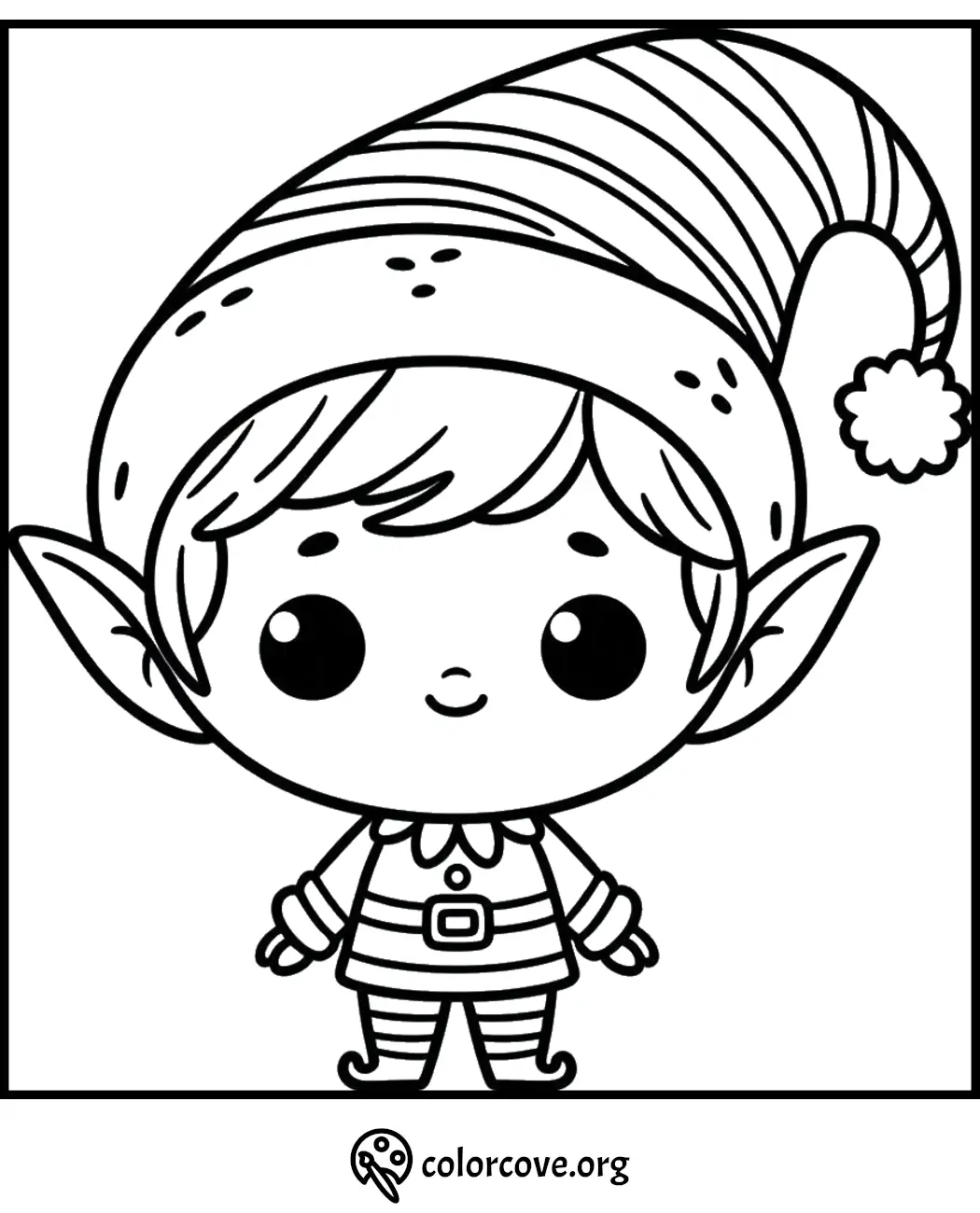 Cute Christmas elf coloring page with a striped hat and festive outfit. Fun holiday activity for kids. Colorcove.org.