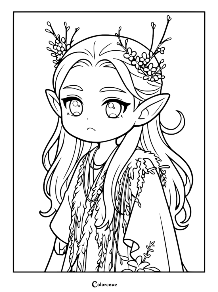 A cute elf with long hair and a flower crown in this printable coloring page.
