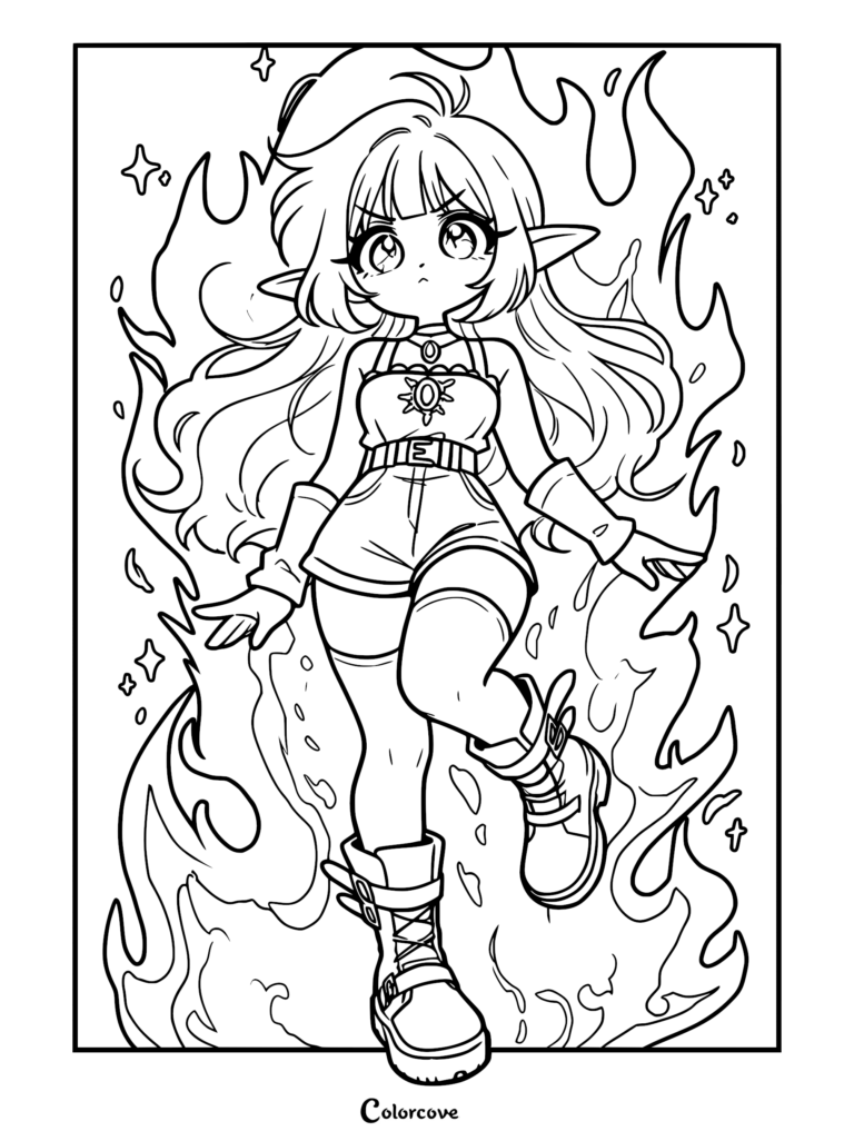 Cute elf girl with long hair and sun pendant standing in magical flames, printable coloring page.