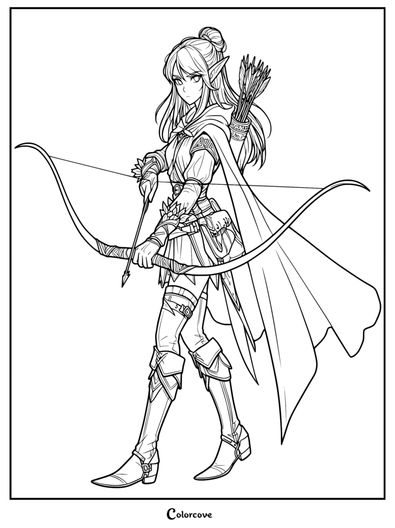 A cute elf archer with a top knot hairstyle holding a recurve bow and wearing a hooded cloak in this detailed coloring page.