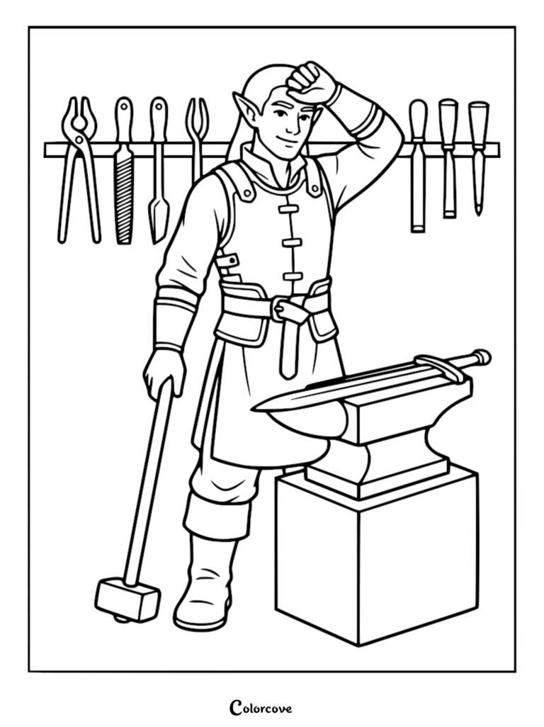 A hardworking elf blacksmith wiping sweat from his brow in a workshop, featuring a sword on an anvil and wall-mounted tools, printable coloring page.