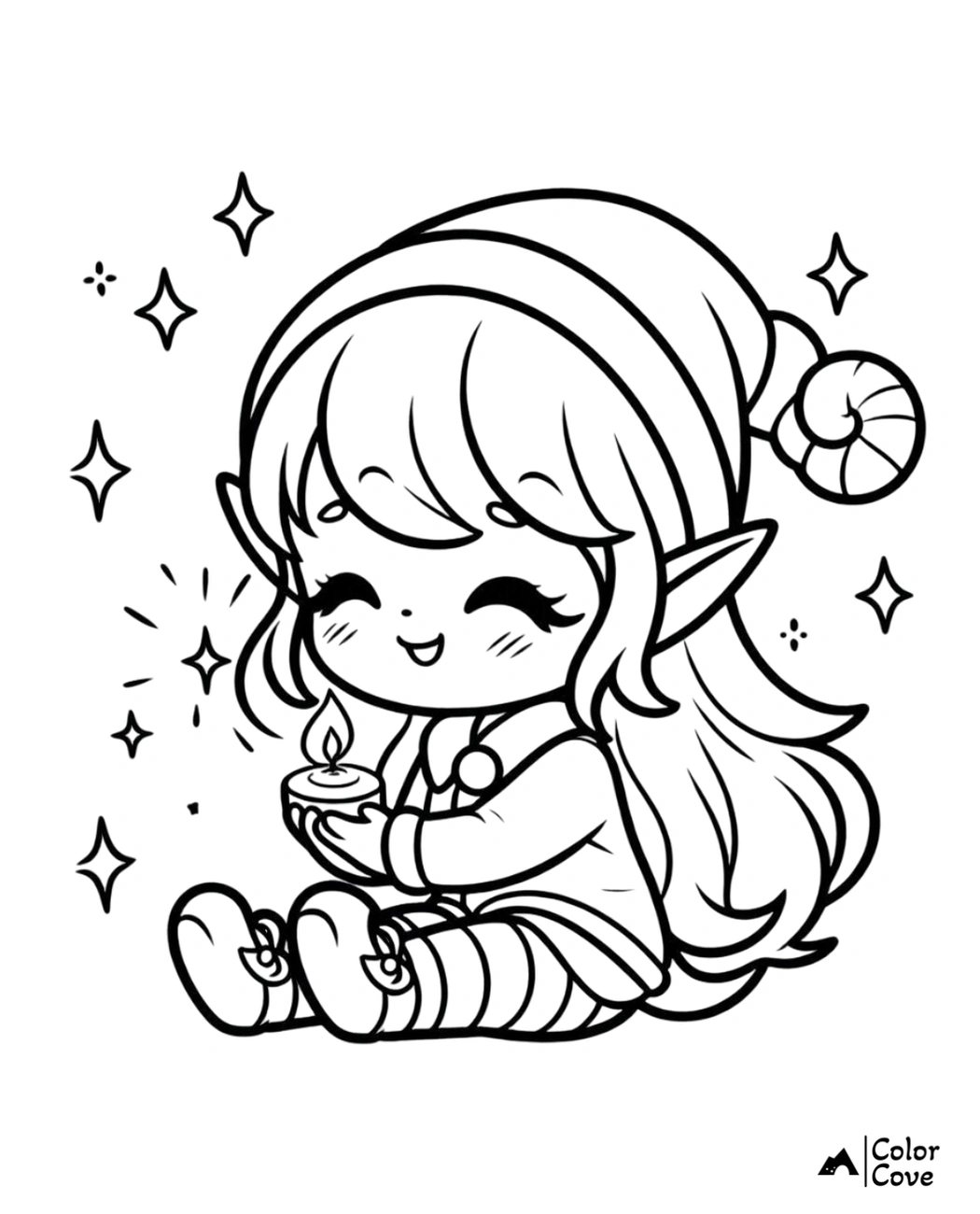 Cute elf holding a candle, surrounded by sparkles, wearing a striped hat and socks. Free printable coloring page.