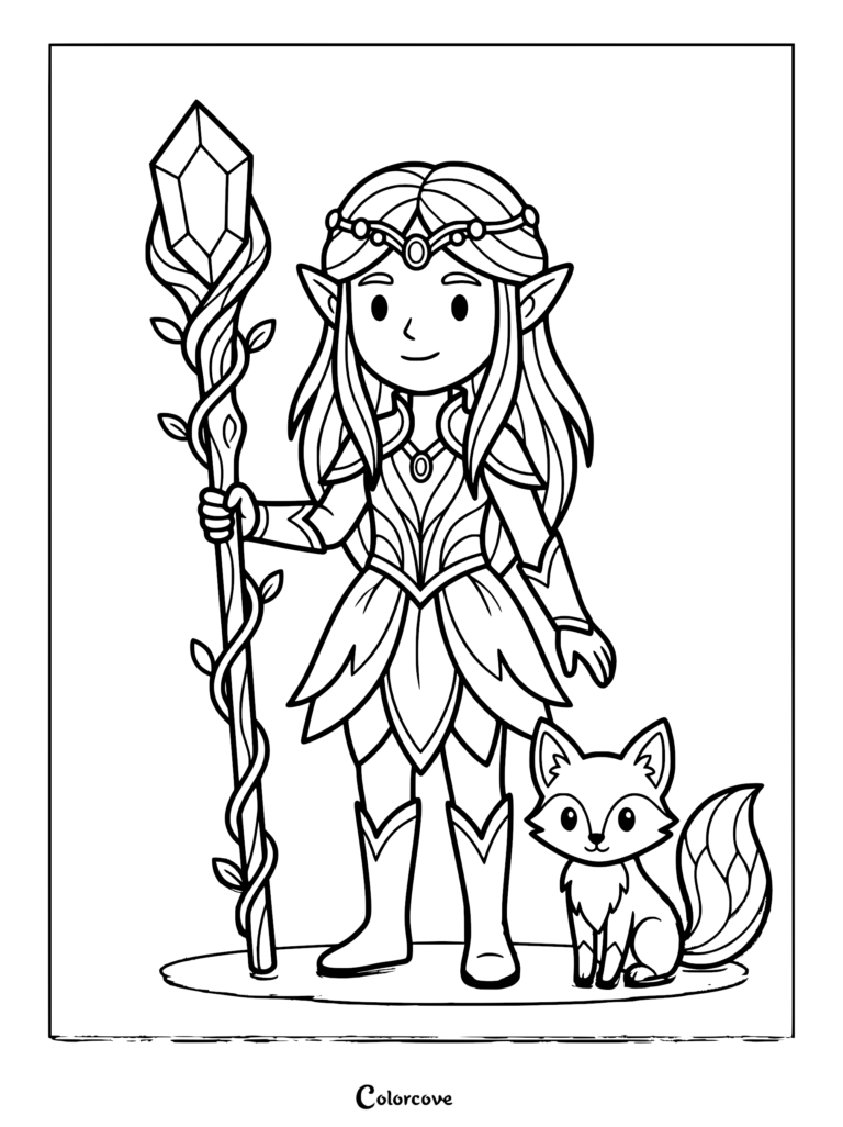 Cute elf mage holding a crystal staff with a small fox sitting beside her in this printable coloring page.