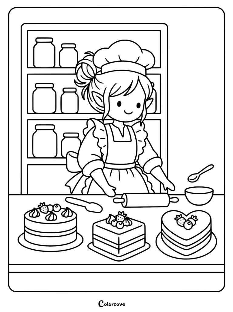 Cute elf wearing a chef hat and apron baking cakes in a kitchen, printable coloring page.