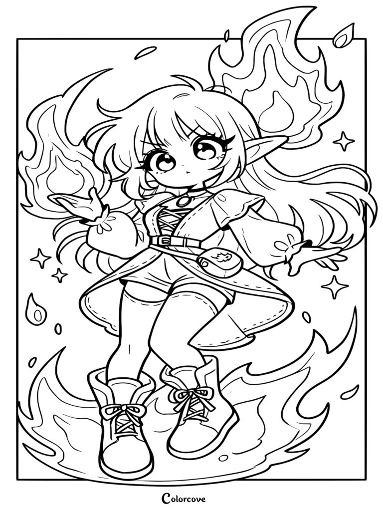 A cute elf girl with long hair surrounded by magical flames in this printable coloring page.