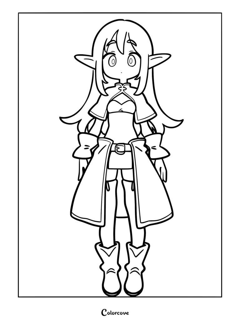 A cute elf girl with long hair and pointed ears wearing a cloak and boots in this line art coloring page.