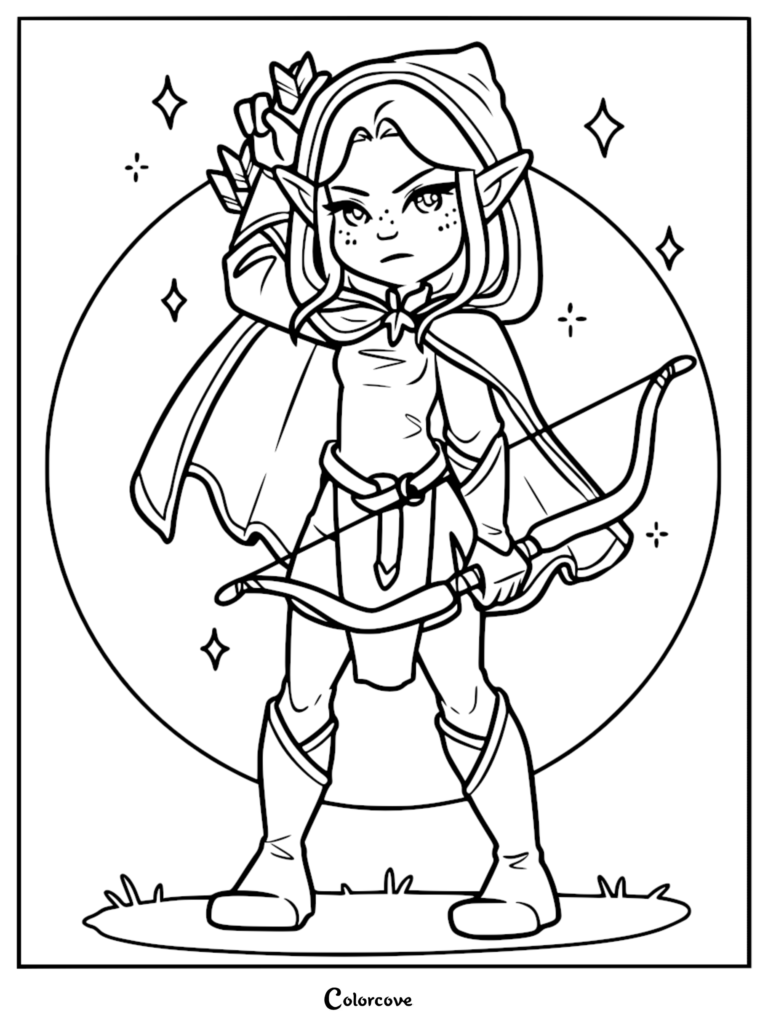A cute elf archer with a hooded cloak, quiver, and bow, standing in front of a large moon, featured on a printable coloring page.