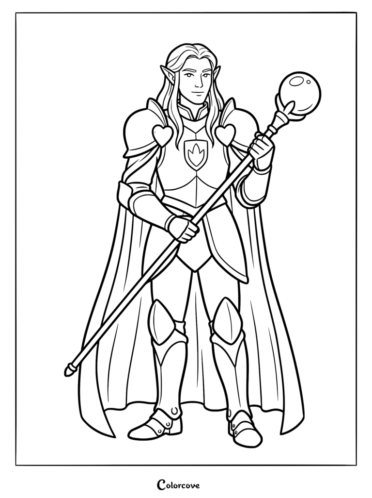 A coloring page featuring a cute elf warrior in plate armor holding a magic staff with a crystal orb.