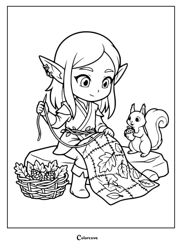 Cute elf sewing a leaf-patterned quilt with a squirrel holding an acorn nearby in this printable coloring page.