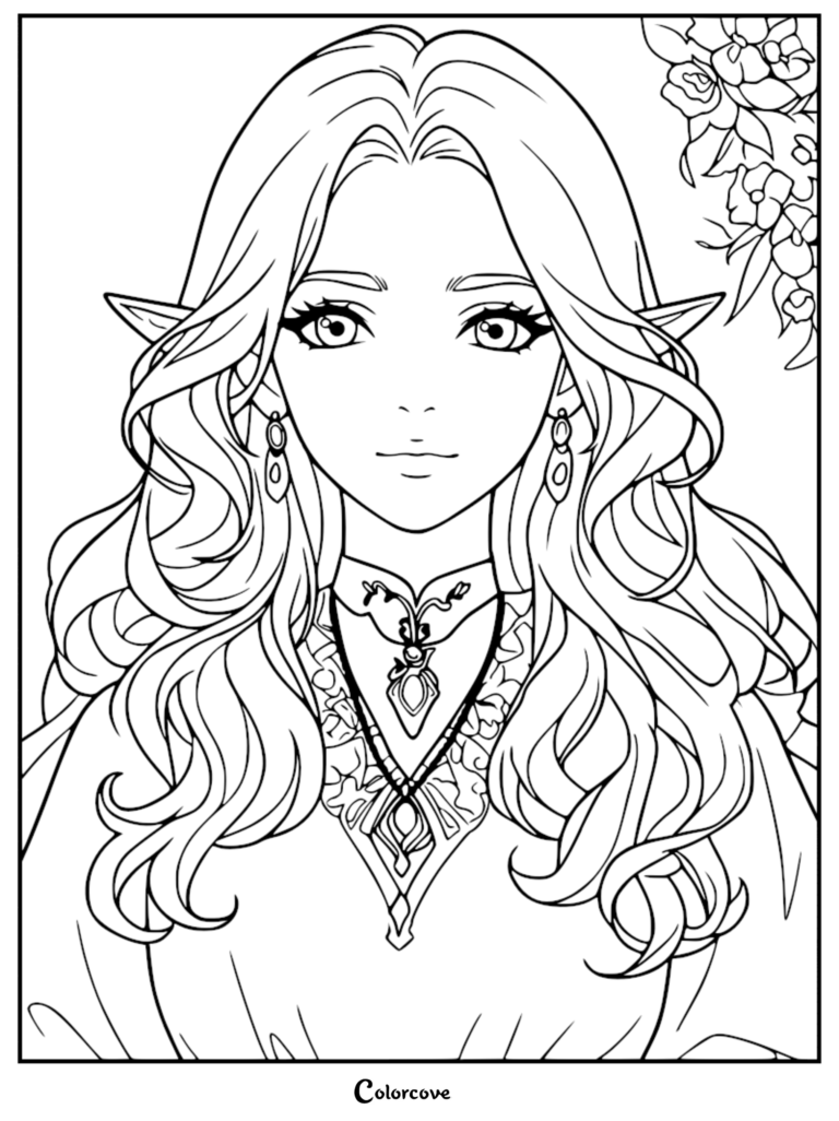 A detailed coloring page featuring a cute elf with long wavy hair, ornate jewelry, and floral accents.