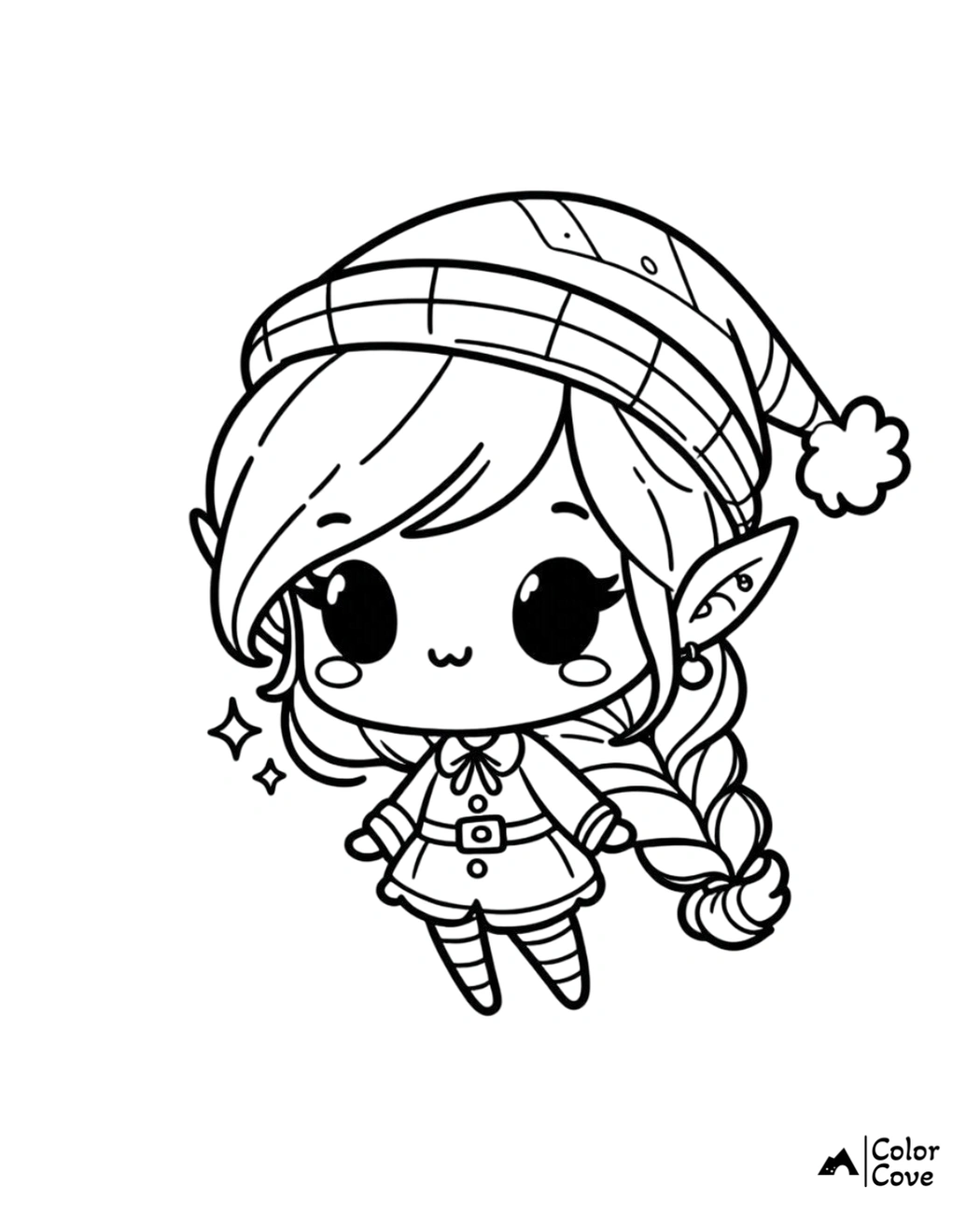 Cute Christmas elf coloring page with a braided hairstyle, wearing a striped hat and a festive dress – perfect for holiday fun.