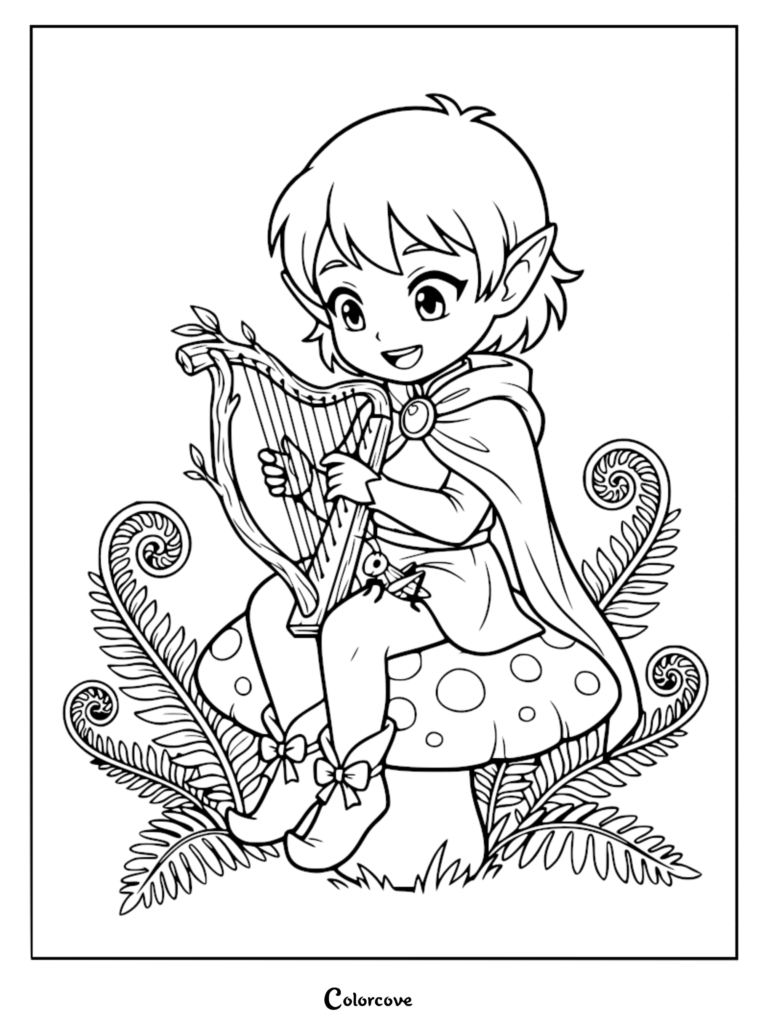 A cute elf with a cape playing a wooden harp while sitting on a spotted mushroom surrounded by ferns, detailed line art coloring page.