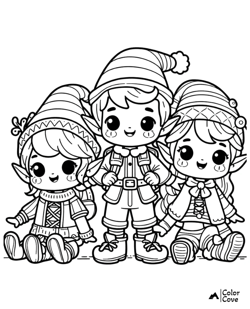 Three cute elves in festive outfits coloring page by Color Cove, perfect for holiday-themed coloring activities for kids.