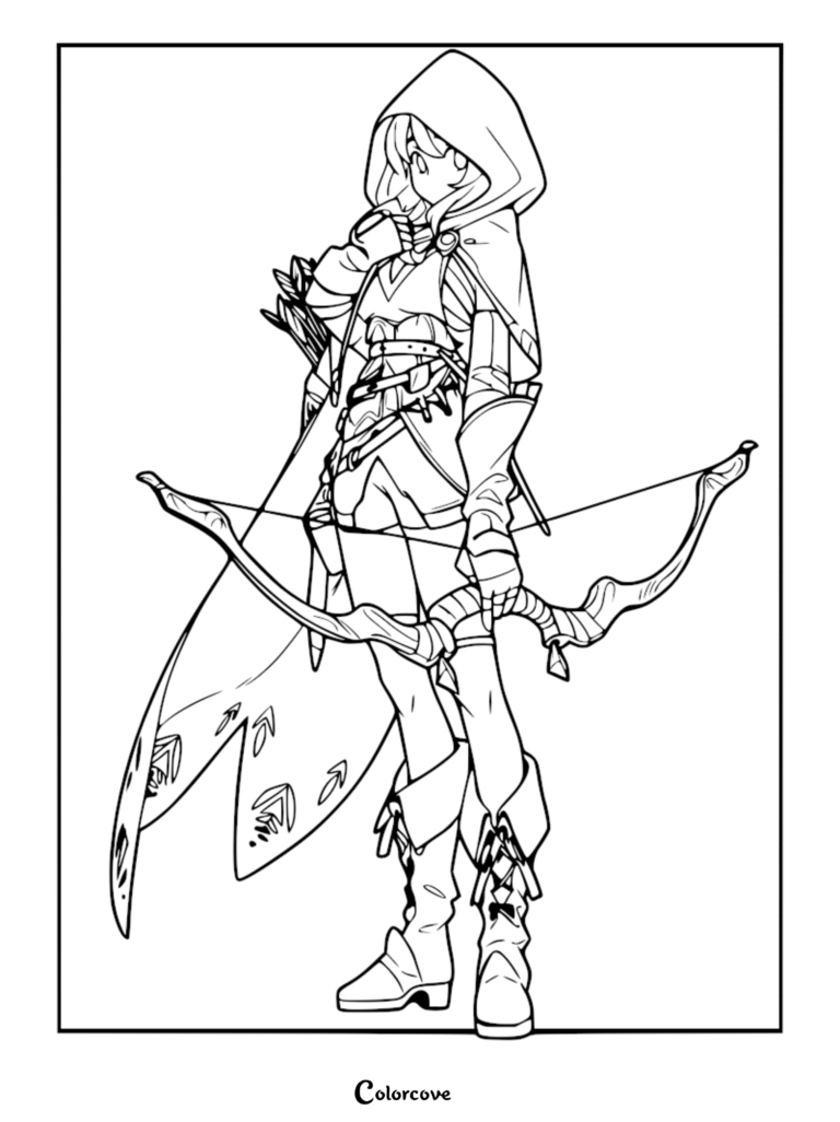 A cute elf archer wearing a hooded cloak and carrying a bow and quiver, presented as a detailed line art coloring page.