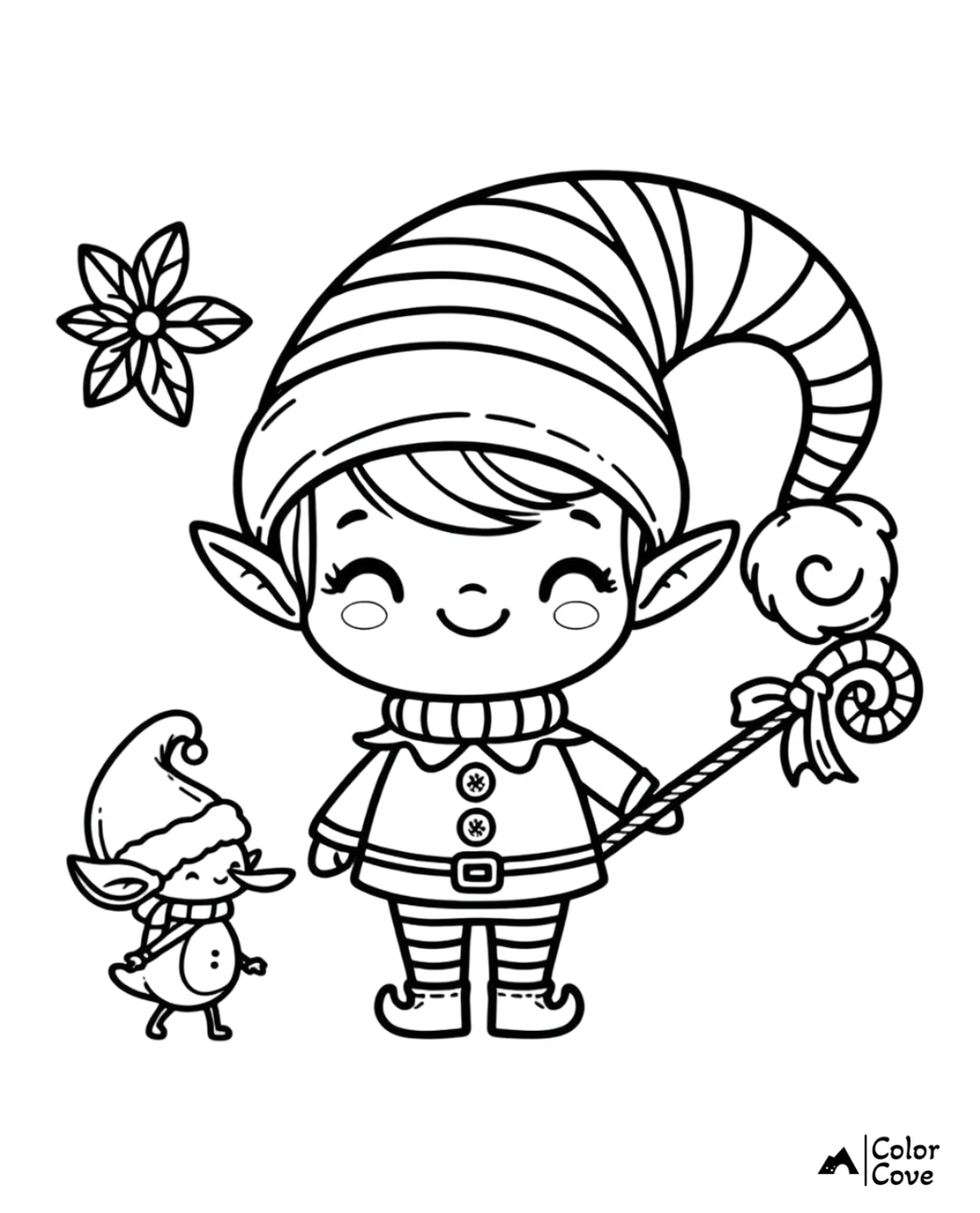 Cute elf coloring page with a big striped hat, holding a candy cane staff, and standing next to a small reindeer.