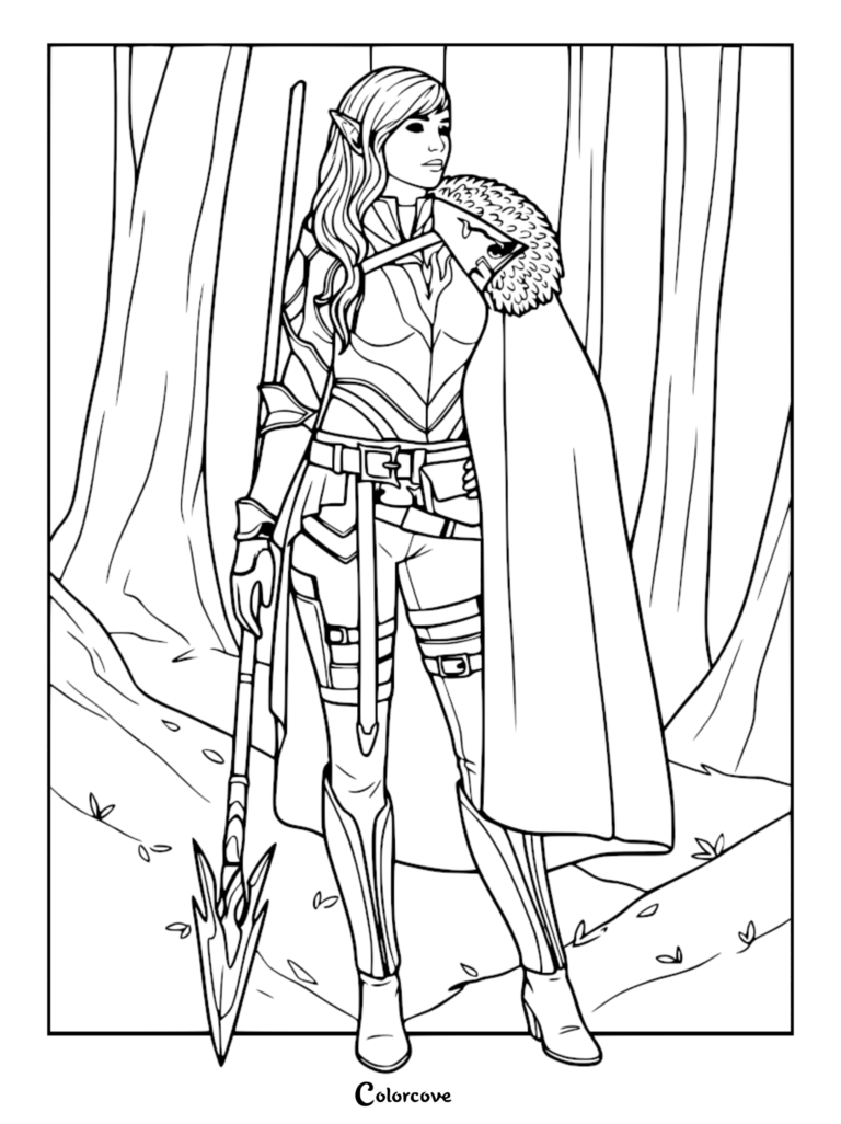 A warrior elf wearing fur-trimmed armor and a cloak standing in a forest, holding a spear, featured in a detailed line art coloring page.