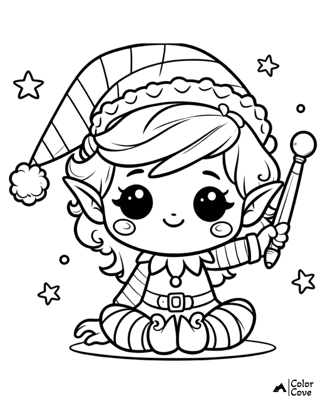 Cute Christmas elf coloring page with a smiling elf holding a wand, wearing a striped hat and festive outfit.