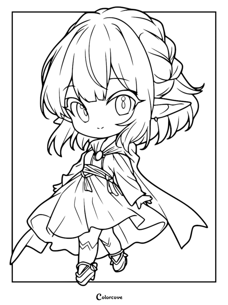 A cute chibi elf girl with braided hair and a flowing cape in this printable coloring page.