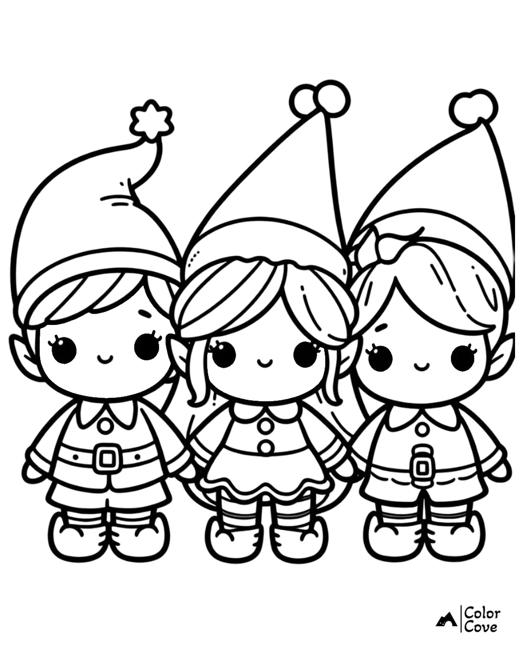 Cute elf trio coloring page for kids featuring three elves holding hands, wearing festive hats and outfits. Holiday fun!