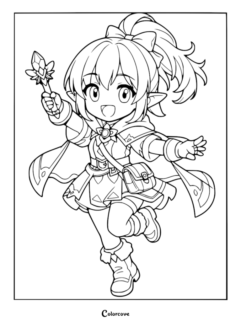 Cute elf girl with a ponytail holding a crystal wand in this printable coloring page