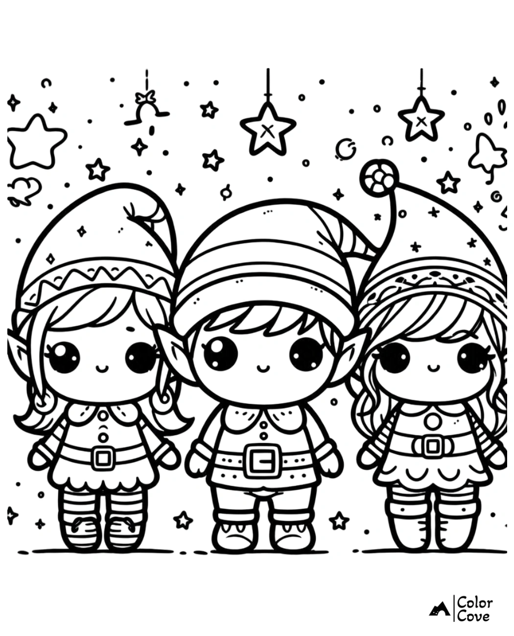 Cute Christmas elve coloring page with three adorable elves, stars, and festive decorations. Perfect for holiday fun!