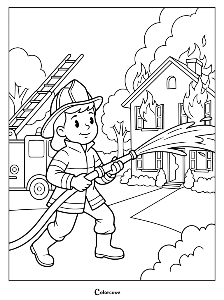 A cute firefighter in uniform holding a hose to spray water on a burning house, coloring page style line art.