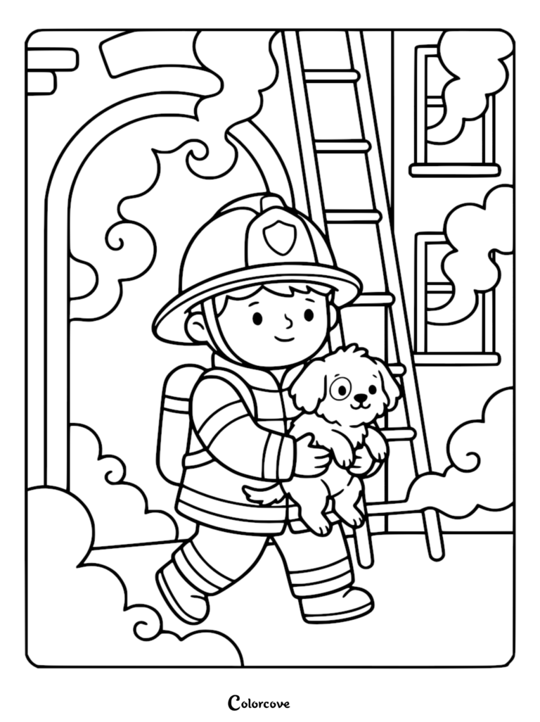 A cute firefighter in uniform carrying a small puppy away from a smoky building with a ladder in this coloring page.