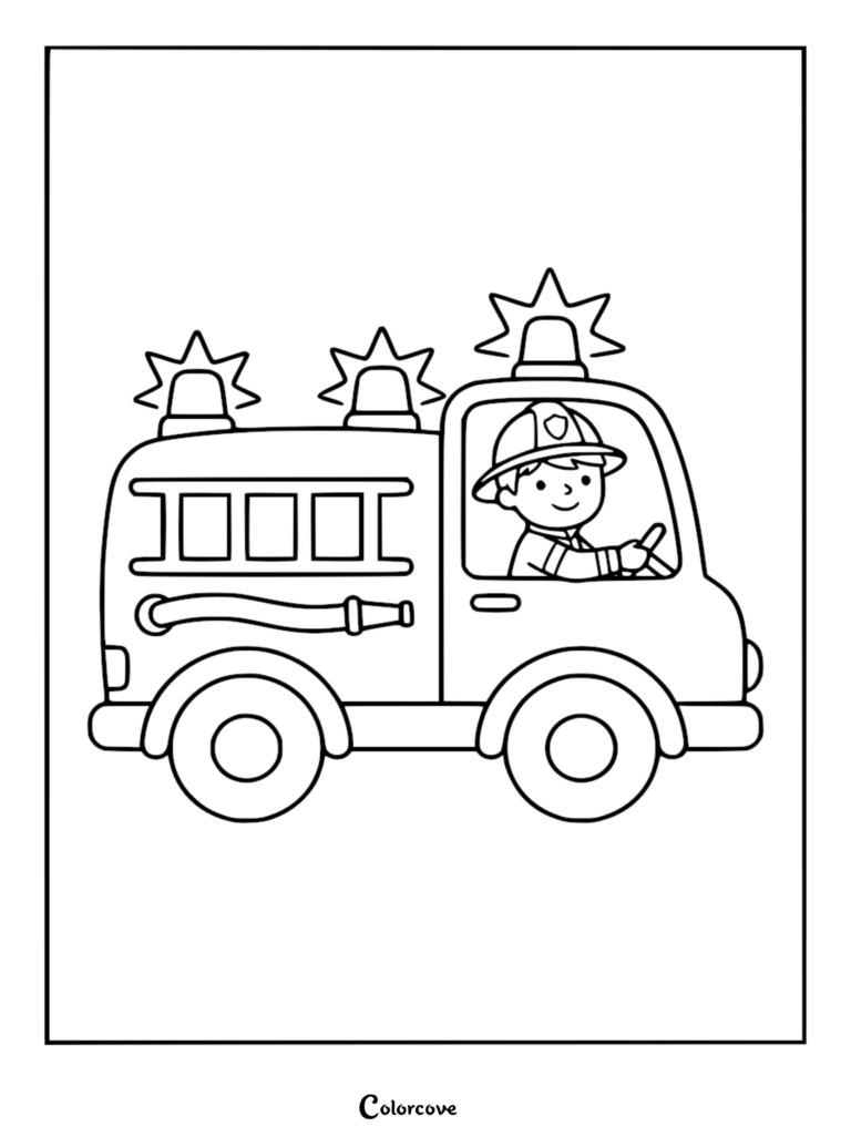 A cute firefighter wearing a helmet driving a fire truck with ladders and hoses, line art coloring page.