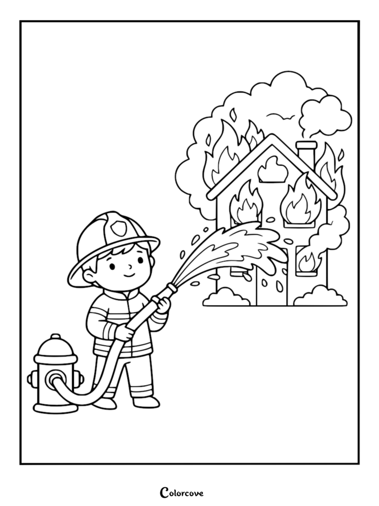 A cute firefighter wearing a helmet and uniform spraying water from a hose connected to a hydrant at a burning house in this printable coloring page.
