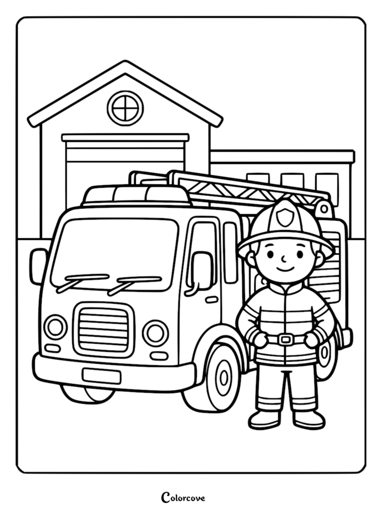 A cute firefighter standing in front of a fire truck at a station in this printable coloring page.