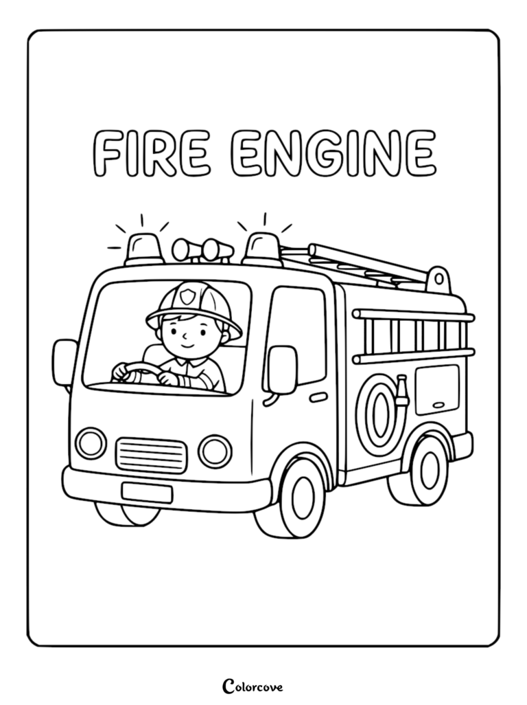 A cute firefighter wearing a helmet driving a fire engine with a ladder and hose, black and white coloring page.