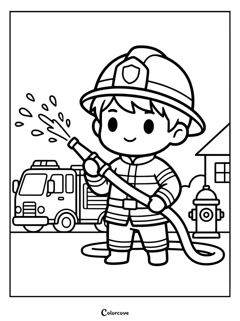 A cute firefighter boy in uniform holding a hose spraying water with a fire truck and hydrant in the background, printable coloring page.