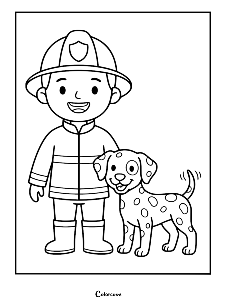 A cute firefighter wearing a helmet and uniform standing next to a happy spotted Dalmatian puppy in this printable coloring page.