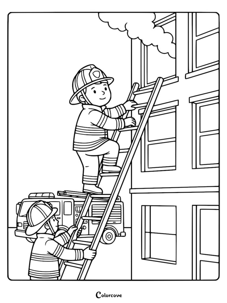 A cute firefighter climbing a ladder to a smoky building window while another firefighter stabilizes the ladder below, line art coloring page.