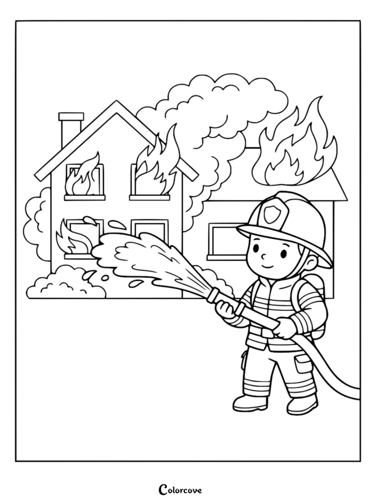 A cute firefighter in uniform holding a hose and spraying water at a burning house in this printable coloring page.
